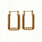 Gold Rectangular Hoop Earrings with Pearl Accents - B609