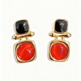 Red & Black Dual Gemstone Gold Stud Earrings -B608