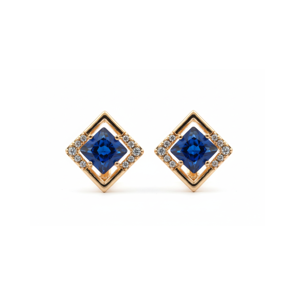 Golden Blue Square Stone Earrings - B366