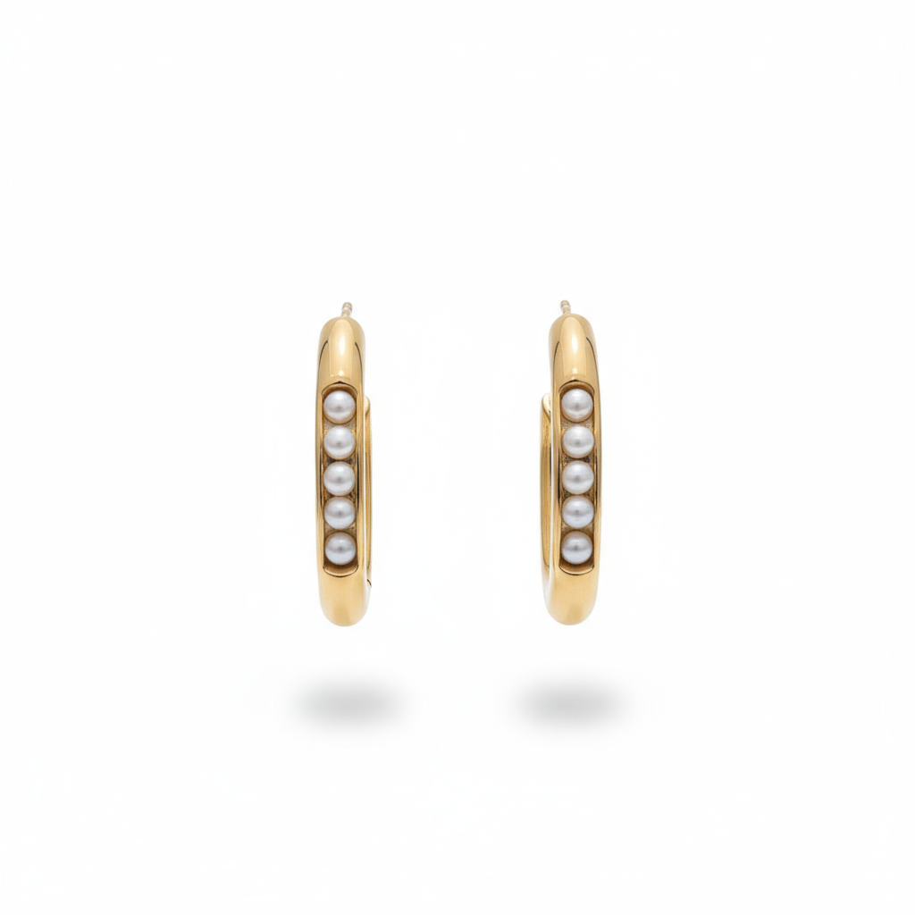 Gold Hoop Earrings with Pearl Inlay - B696