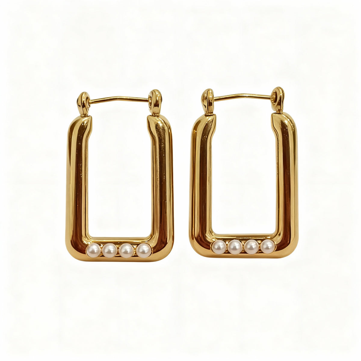 Gold Rectangular Hoop Earrings with Pearl Accents - B609