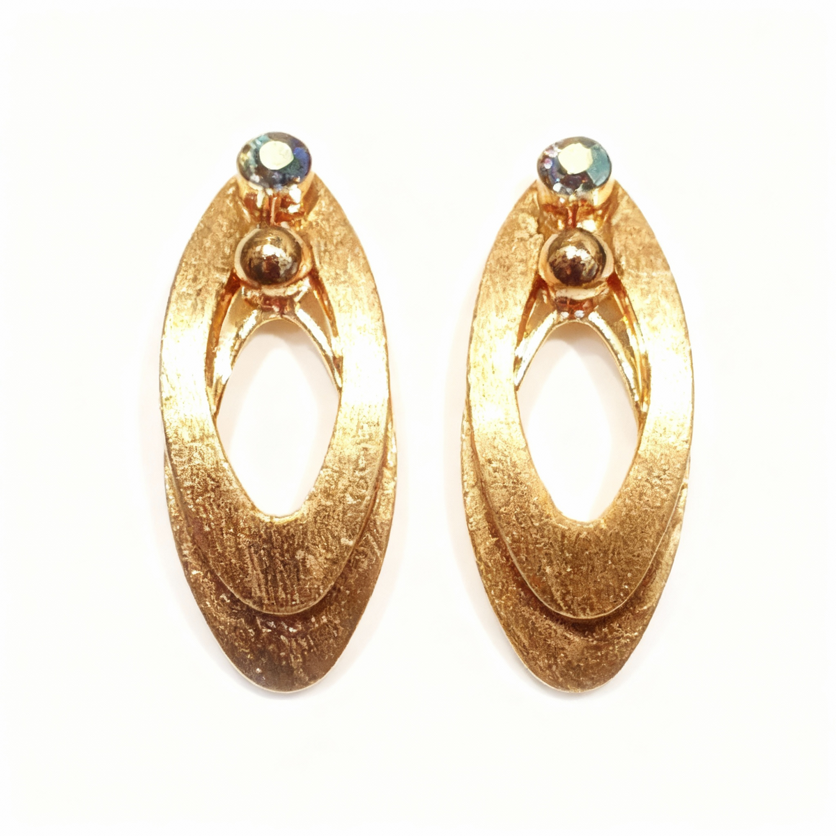 Gold Textured Oval Drop Earrings with Crystal Accent - B617