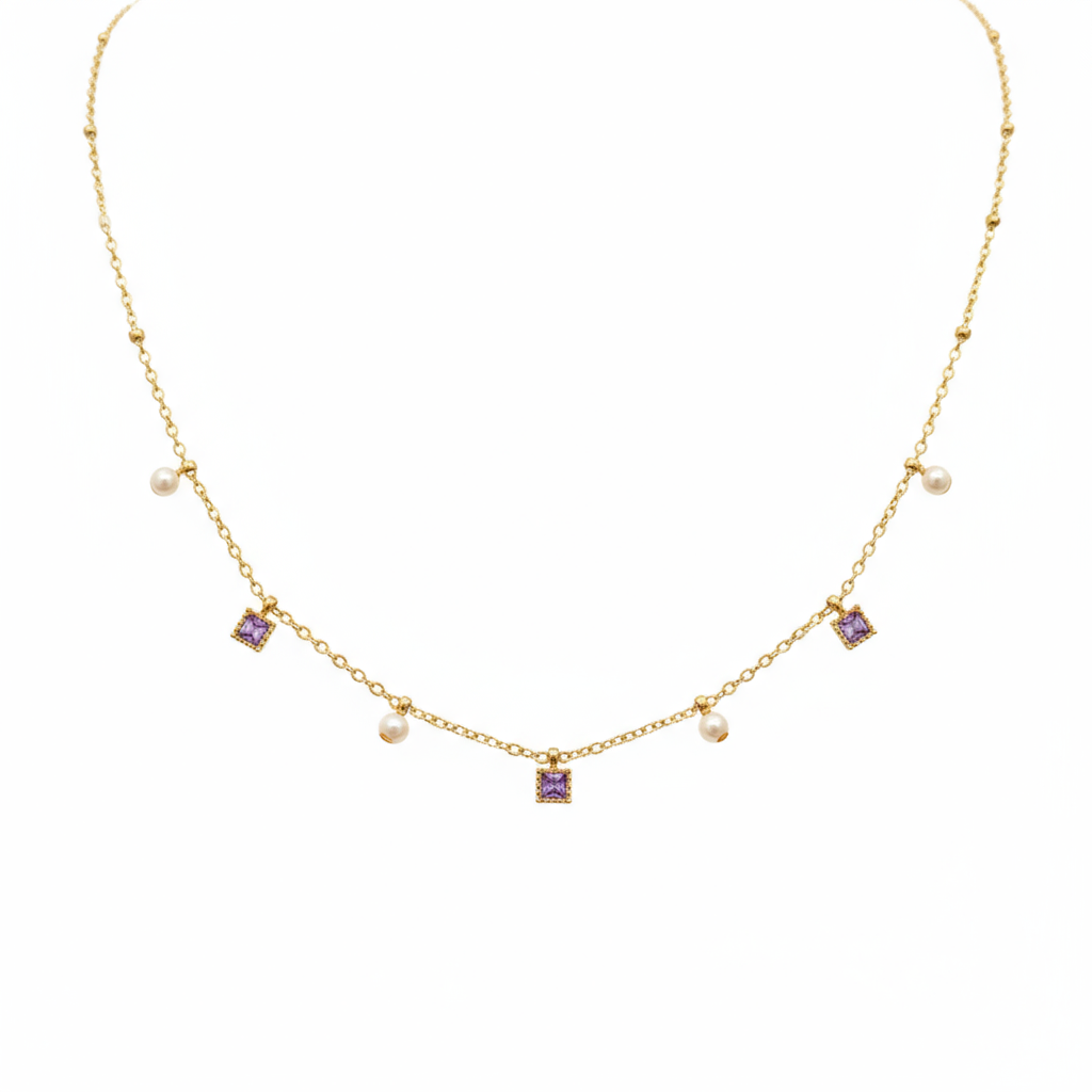 Golden Amethyst Pearl Necklace- B552