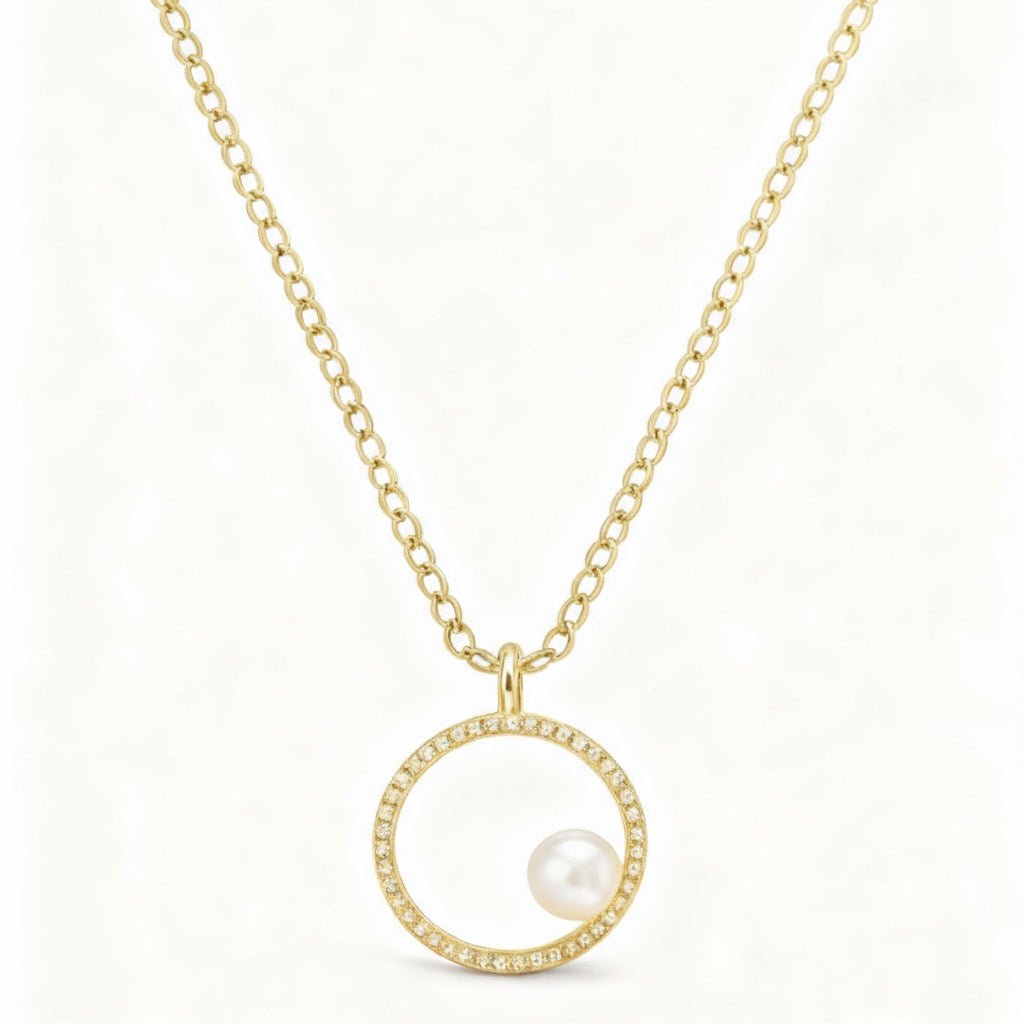 Golden Pearl Circle Pendant Necklace - B219