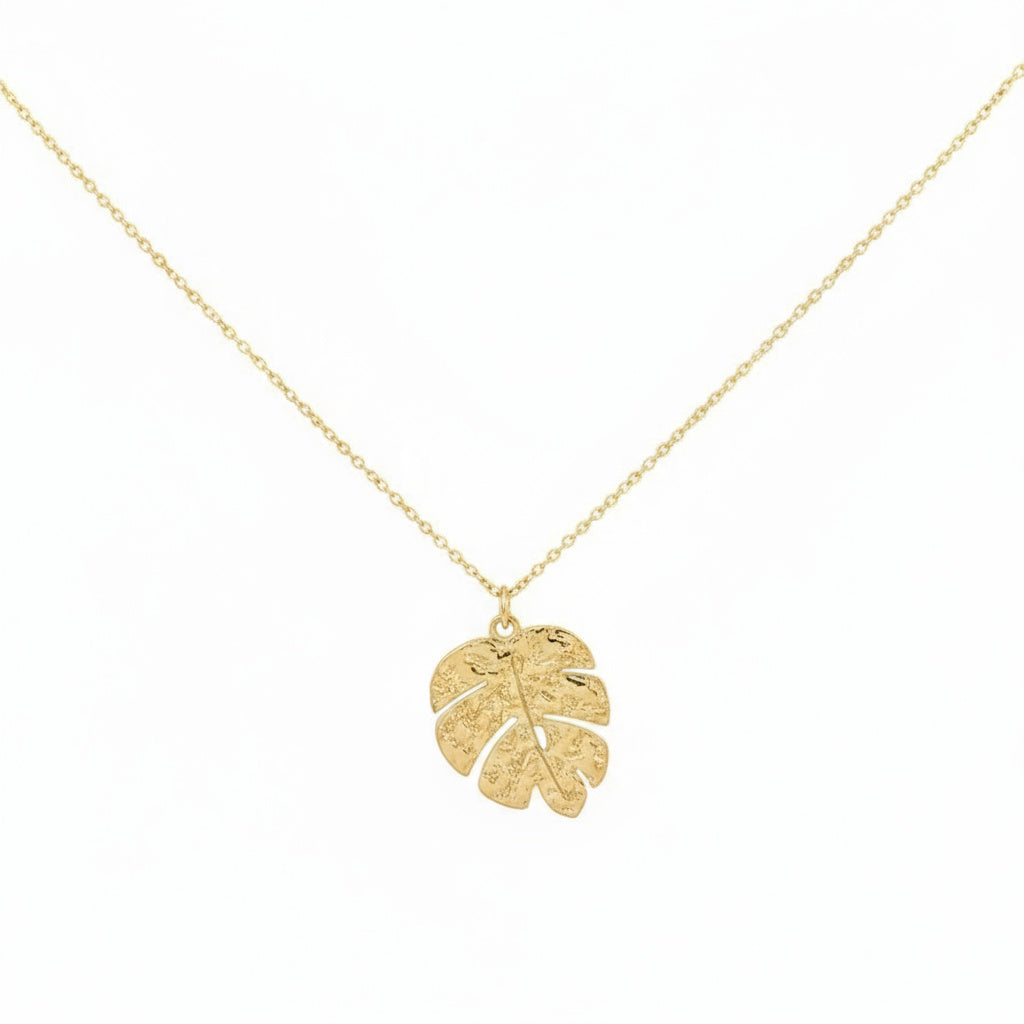 Golden Textured Leaf Pendant Necklace - B233