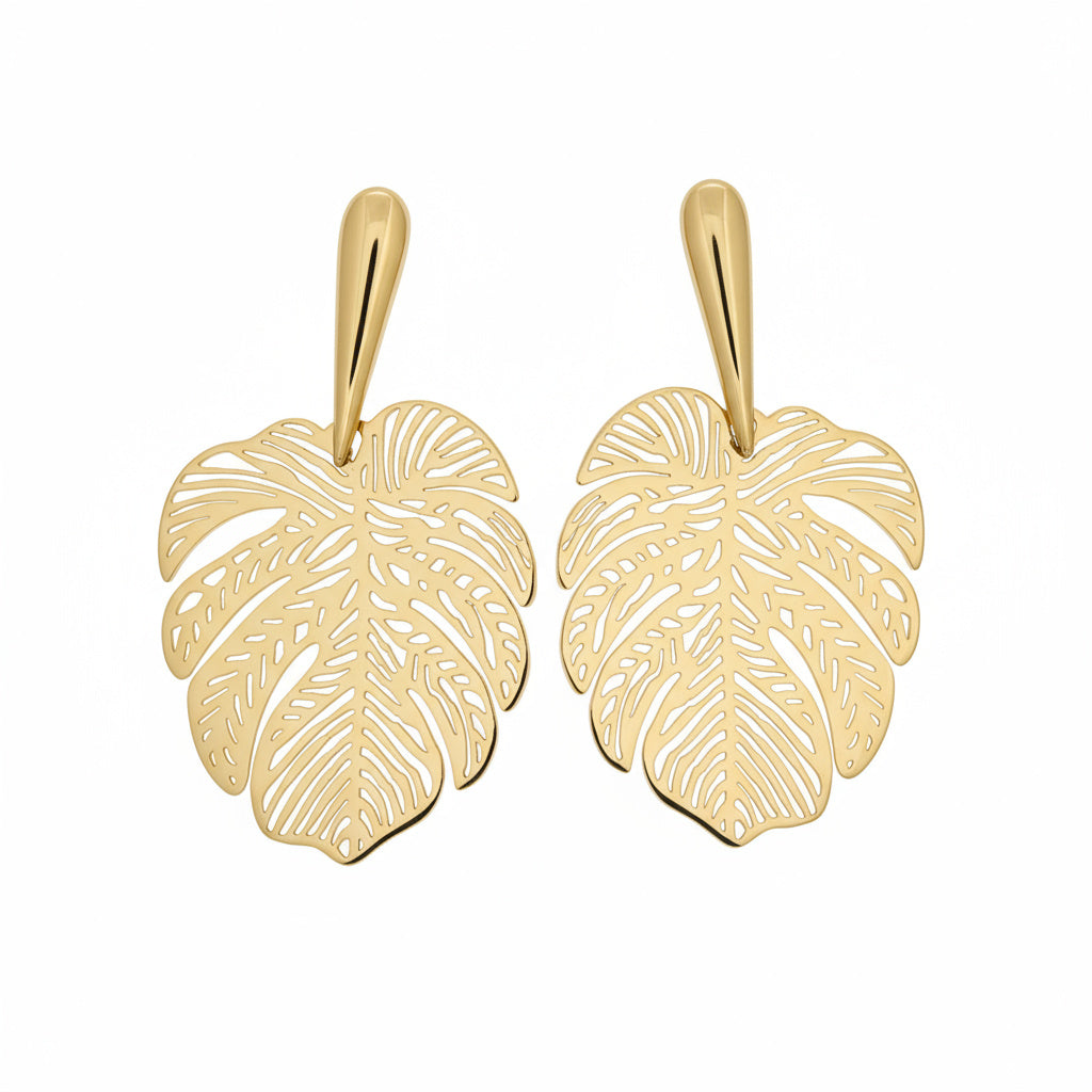 Golden Monstera Leaf Earrings - B388
