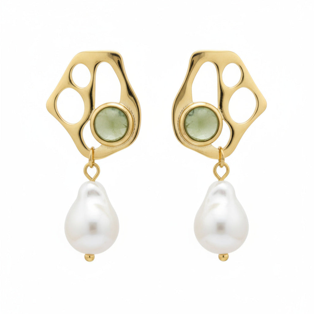 Golden Pearl Stone Drops Earrings - B405