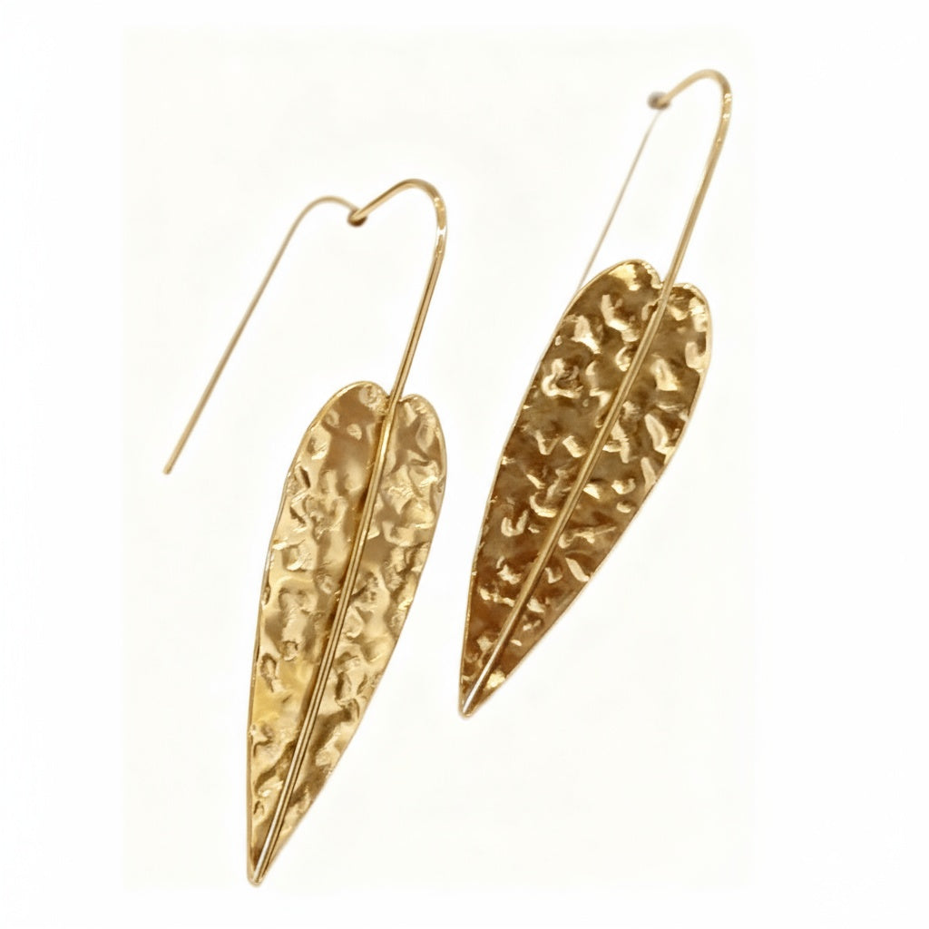 Hammered Gold Leaf Drop Earrings - B604