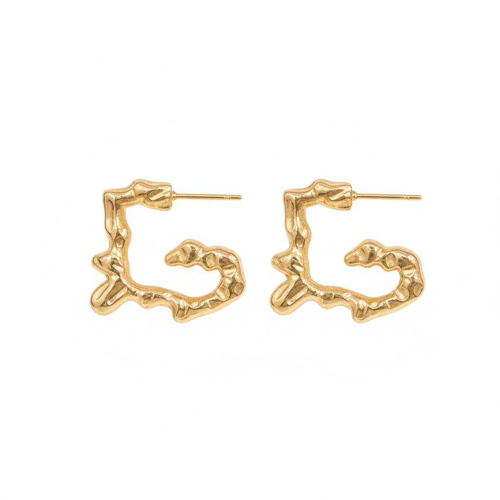 Textured Gold Abstract Hoop Earrings - B622